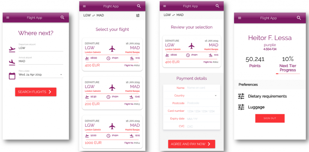 Airline mobile example screenshots