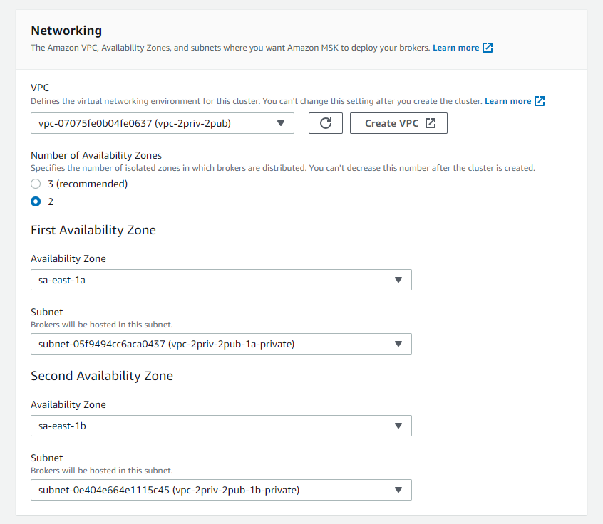 MSK networking configuration dialog box