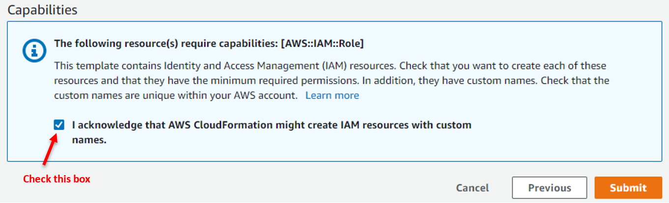 Figure 8: Acknowledge IAM resources creation by AWS CloudFormation