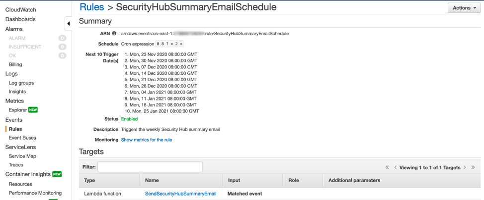 Figure 8: Example of CloudWatch schedule created by the solution