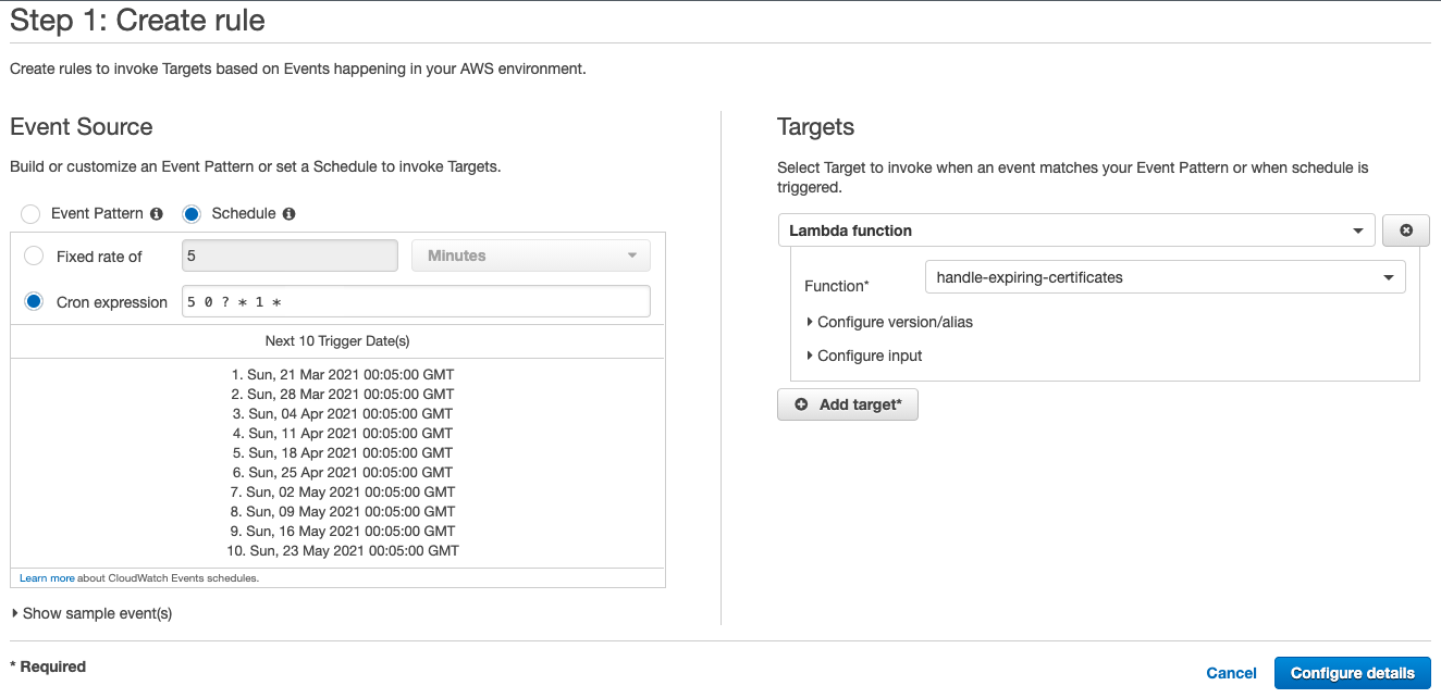 Figure 5: Create a scheduled CloudWatch rule