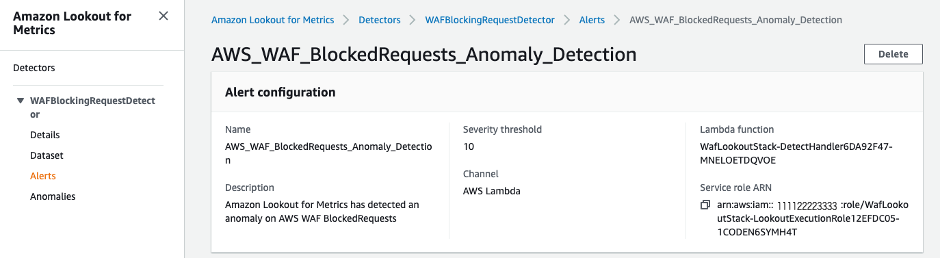 Figure 8: Creating an Amazon Lookout for Metrics alert