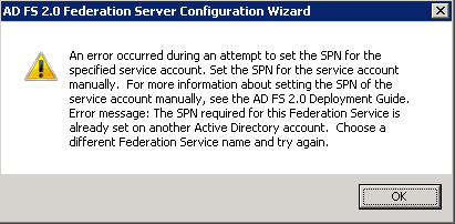 Screenshot of error seen when attempting to set the SPN for the service account