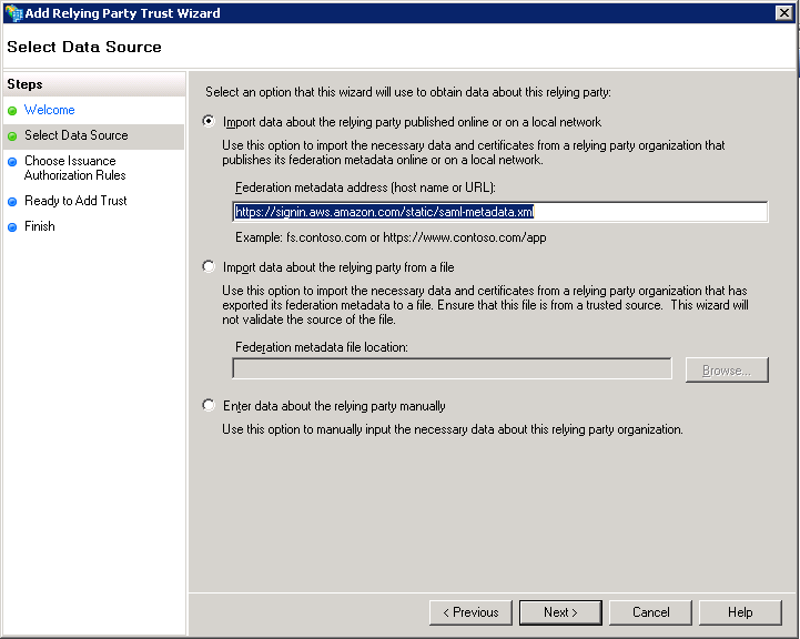 Screenshot of selecting Import data about the relying party published online or on a local network