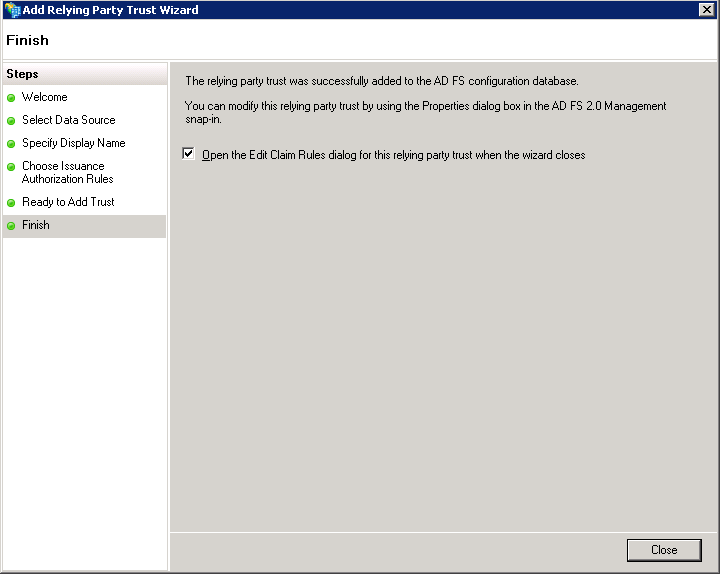 Screenshot of finishing the wizard