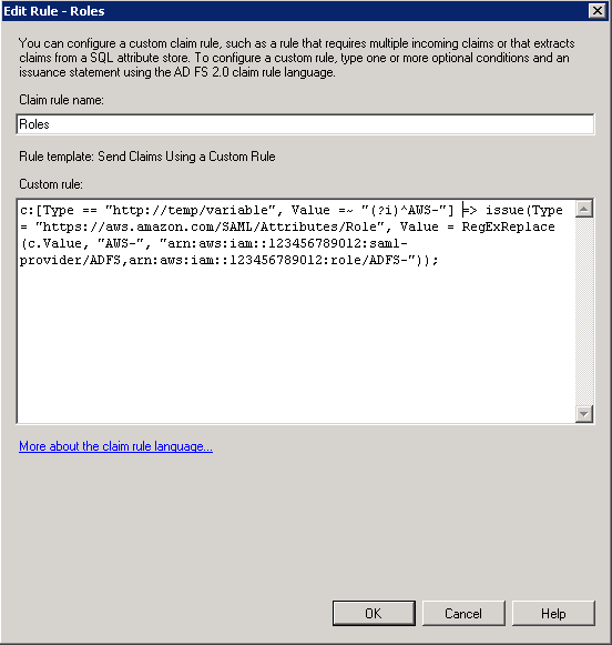 Screenshot of creating custom rule called Roles