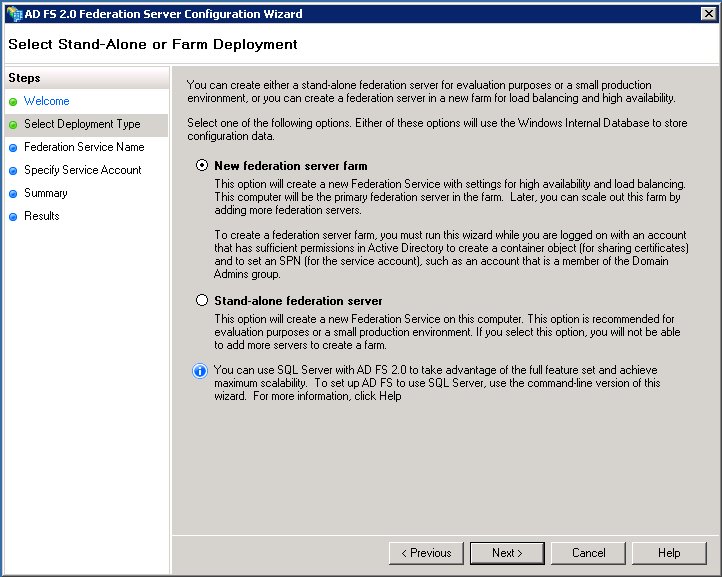 Screenshot showing the selection of New federation server farm