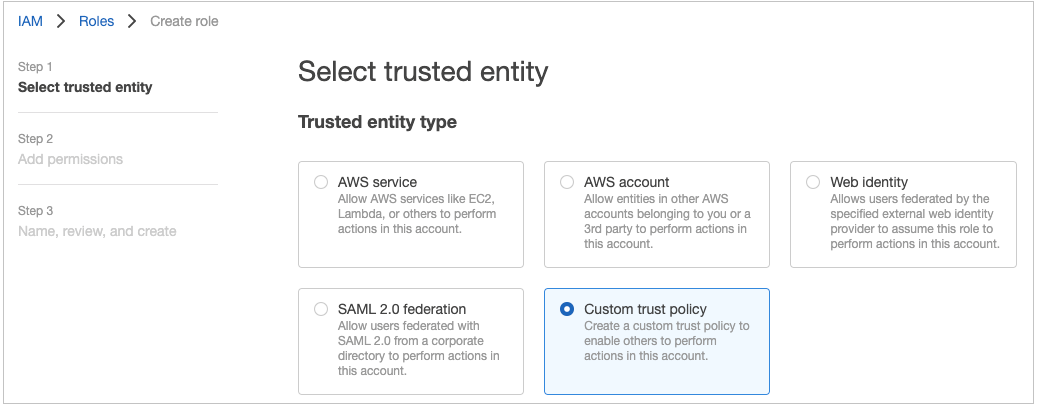 Figure 2: Select "Custom trust policy" when creating a role