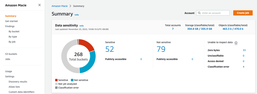 Figure 2: Macie summary page showing S3 bucket metadata