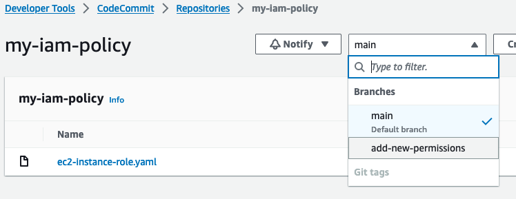 Figure 5: my-iam-policy repository with new branch available