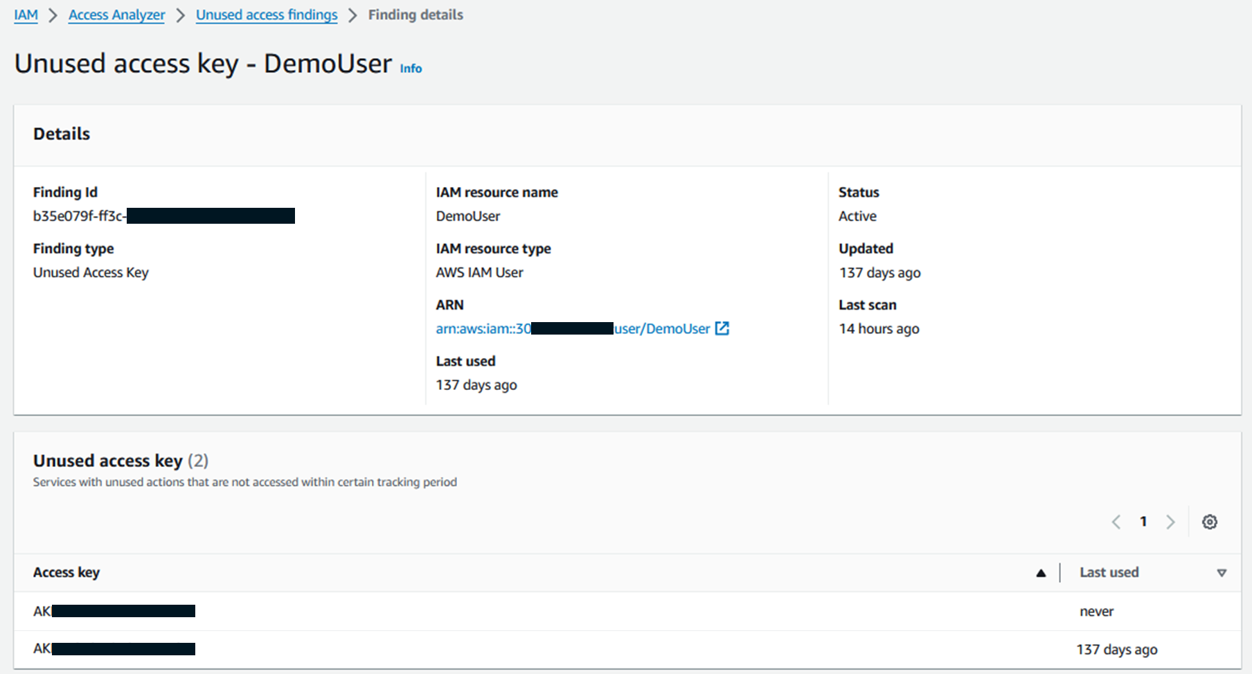 Figure 4: Finding example - Unused IAM user access keys