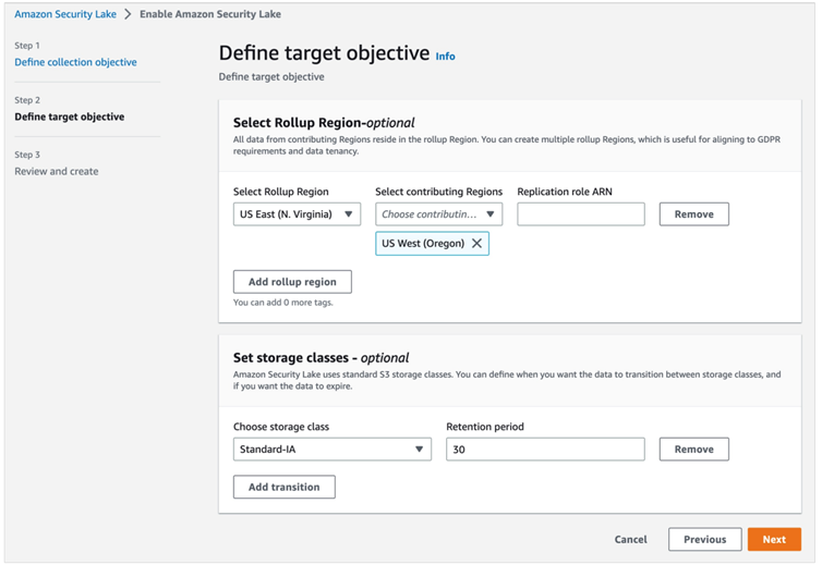 Figure 2: Security Lake activation page with options to select a roll-up Region and set storage classes