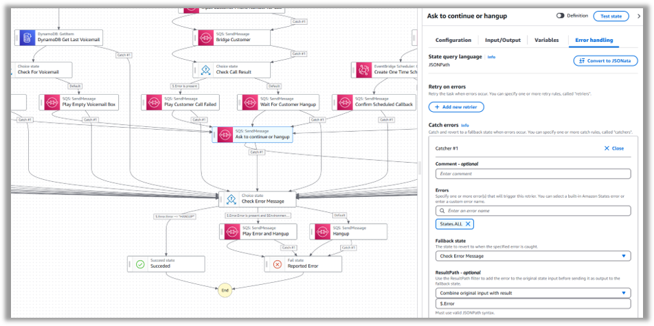 Figure 8 – Screenshot of Step Functions Workflow Studio showing the error handling configuration interface. The panel displays multiple state configurations: error catching paths for failed calls, success state definitions for completed calls, and termination handling settings. The interface includes dropdown menus and input fields for defining error types, retry attempts, and fallback actions. Visual connections between states illustrate the error handling flow from detection through resolution.