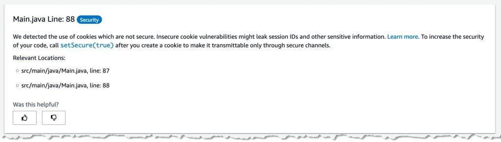 An example CodeGuru finding that shows how to ensure cookies are secured.