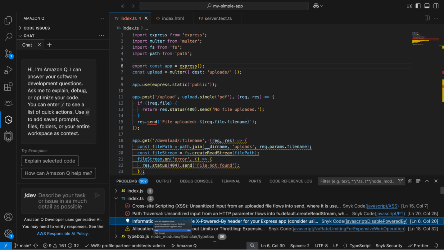 Copying the information of the information exposure vulnerability from Snyk plugin and requesting a fix using /dev agent capability.