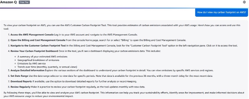 Prompting Amazon Q about carbon footprint