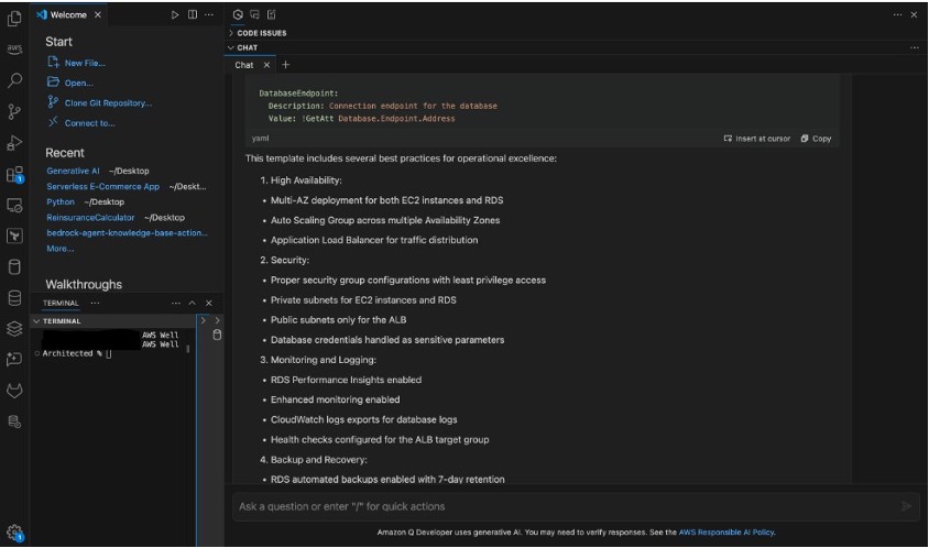 Amazon Q explaining Generated template and Best Practices