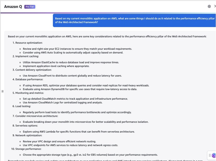 Prompting Amazon Q about performance efficiency