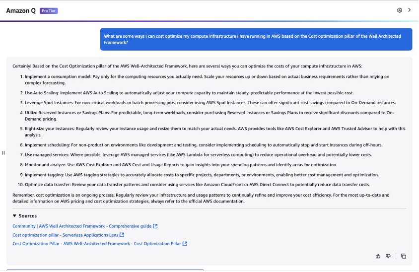 Prompting Amazon Q about cost optimization