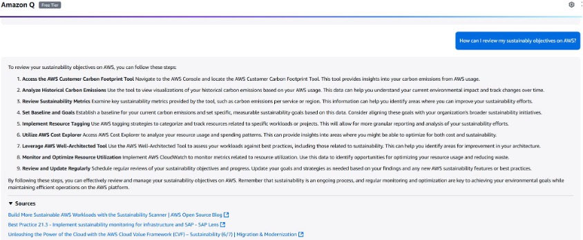 Prompting Amazon Q about sustainability