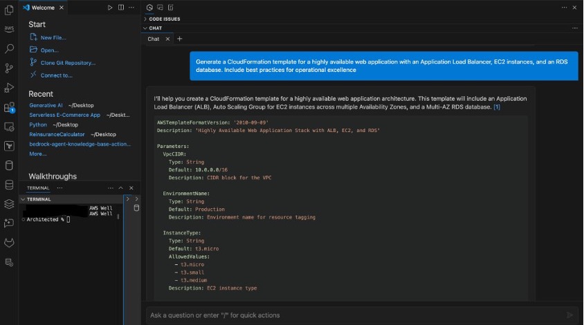 Amazon Q Developer generating a CloudFormation template for a highly available web application architecture.
