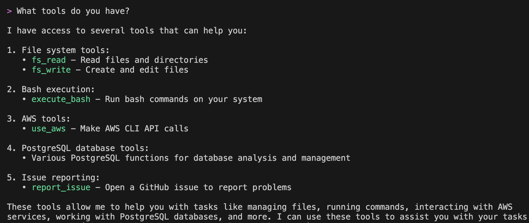 Screenshot of Amazon Q Developer CLI displaying a list of available tools. The tools are categorized into file system tools, bash execution, AWS tools, PostgreSQL database tools, and issue reporting. The PostgreSQL category is highlighted, showing the integration of MCP for database access.