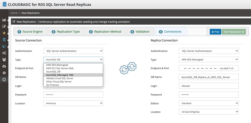 The following screenshot shows a replication job’s connection configuration on the CloudBasic console.