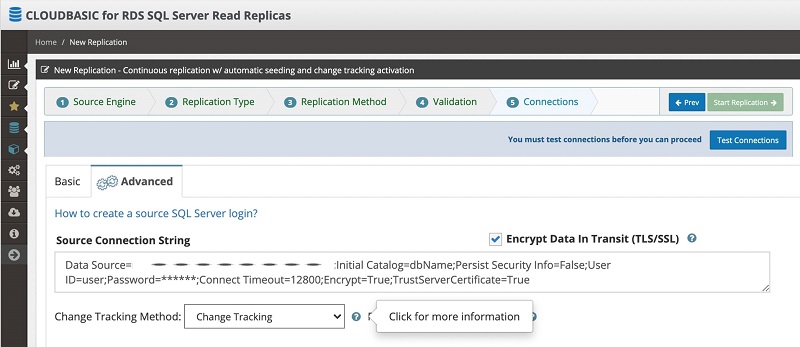 The following screenshot shows the configuration of a replication job in CloudBasic with the Change Tracking method.