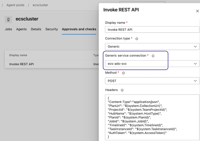 Screemshot showing detailed Configuration for Approvals and Checks using Invoke REST API for the agent pool