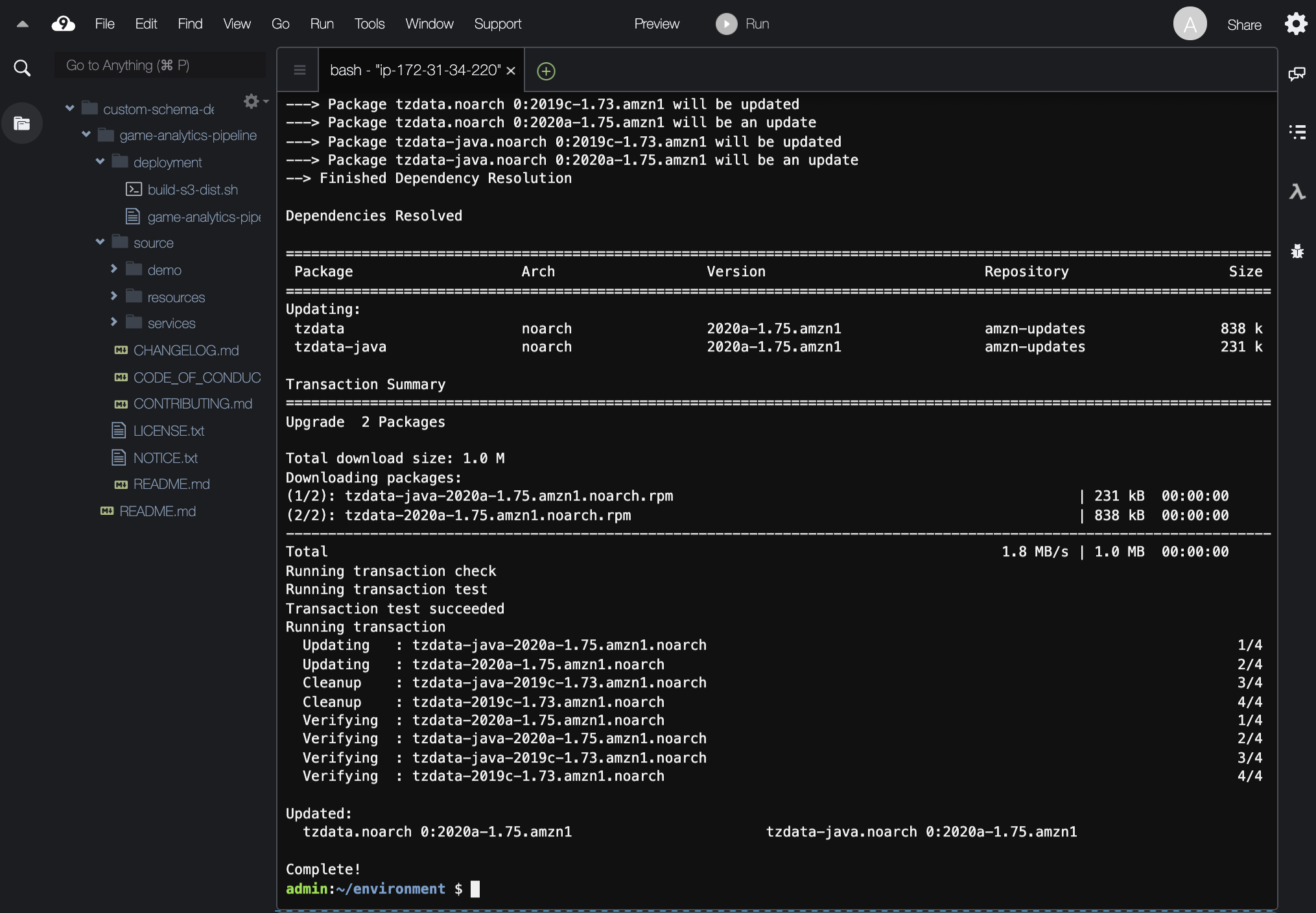 Updating the Cloud9 instance with the latest AWS updates by running sudo yum -y update.