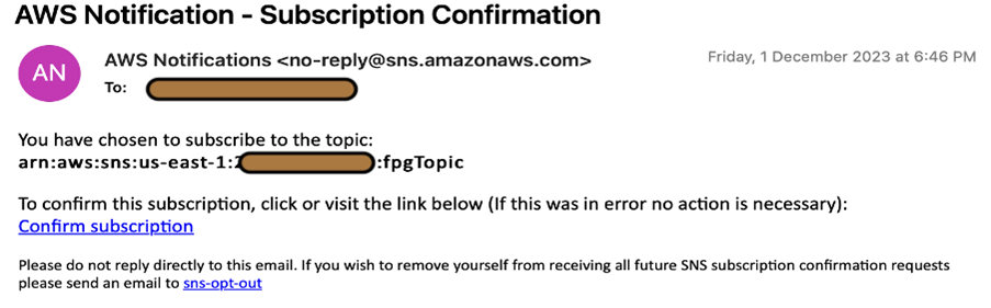 Sample SNS Subscription Confirmation email