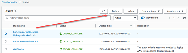 CloudFormation stacks showing selection of the GameDemoPipelineStage-MyFargateDockerStack and the Delete button location.