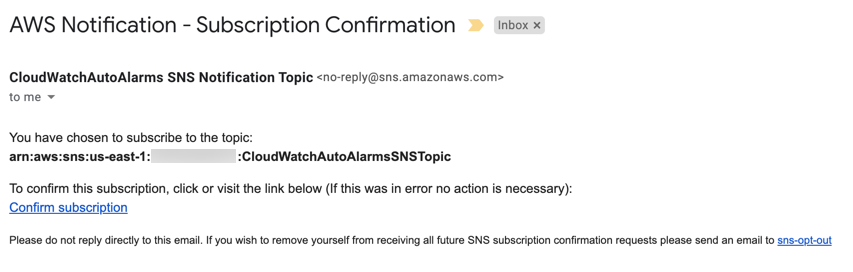 The Amazon SNS subscription confirmation email for the email address that was entered includes a Confirm subscription link.