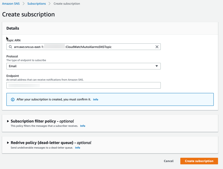 The Create subscription page provides fields for topic ARN, protocol, and endpoint. An email address has been entered in the Endpoint field.