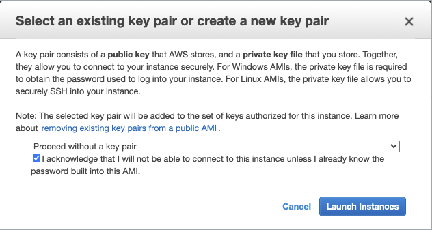 The Select an existing key pair or create a new key pair page shows Proceed without a key pair is selected from the dropdown.