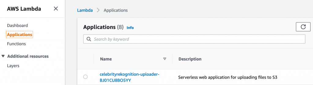 The celebrityrekognition-uploader application is displayed on the Applications page of the AWS Lambda console.