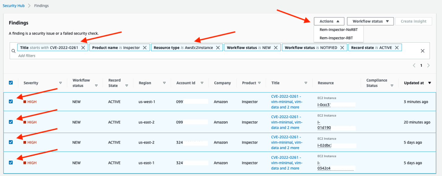 Figure 10: Security Hub findings page and custom action.