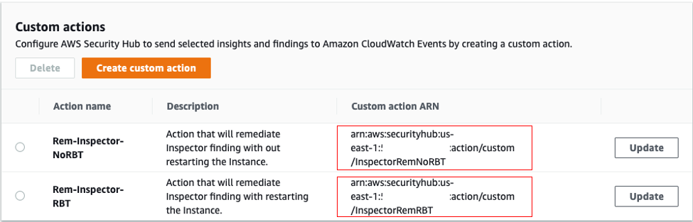 Figure 5: Security Hub custom action ARNs