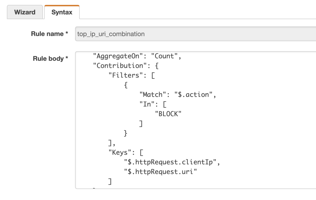 A screenshot displaying the rule body in a JSON format for the sample contributor insights rule.