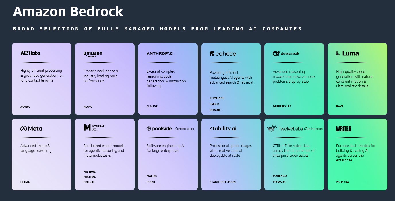 Image title is Broad choice of fully managed models from leading AI companies in Amazon Bedrock. Image shows descriptions of 12 companies and their offerings.