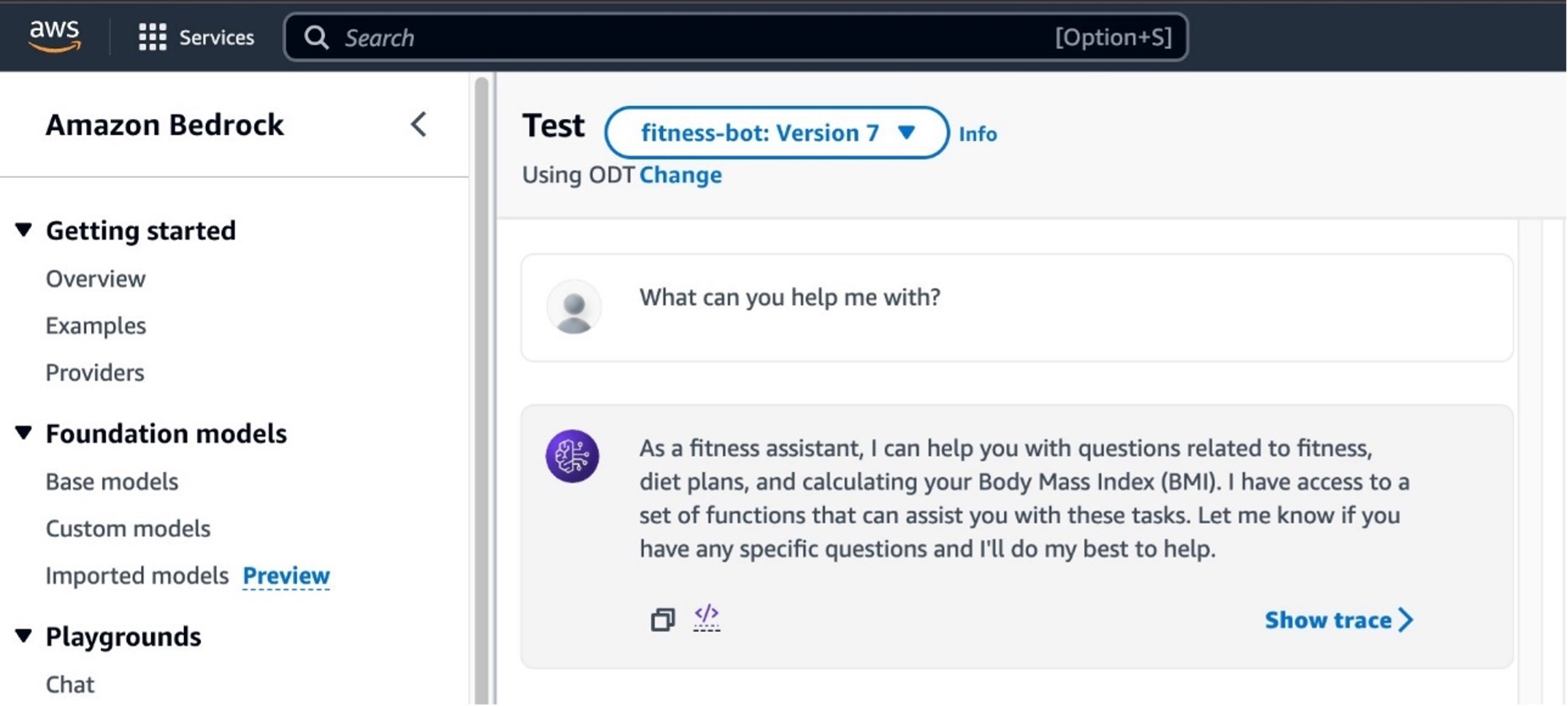 Screenshot of Amazon Bedrock Fitness Bot