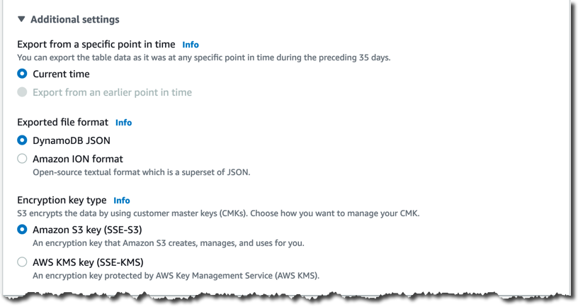 DynamoDB export additional settings