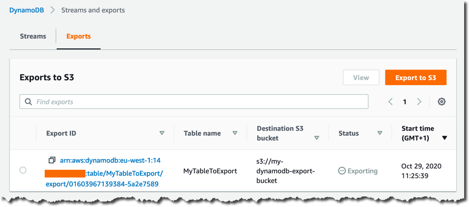 DynamoDB export in progress
