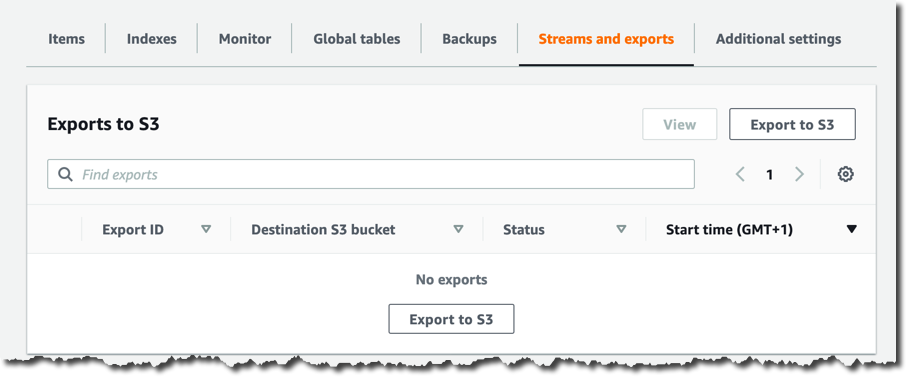 DynamoDB Streams and Exports Tab