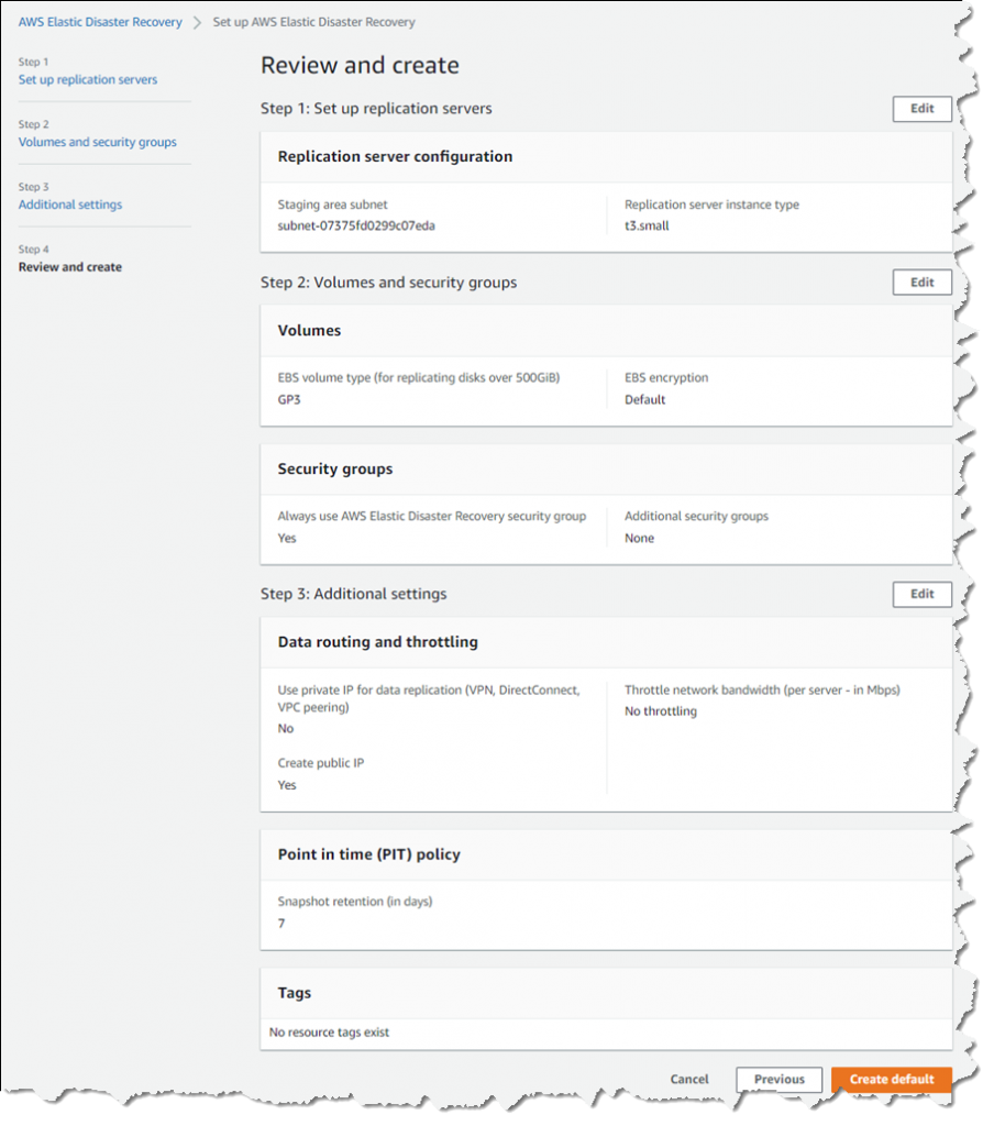 Finalizing default replication settings for DRS