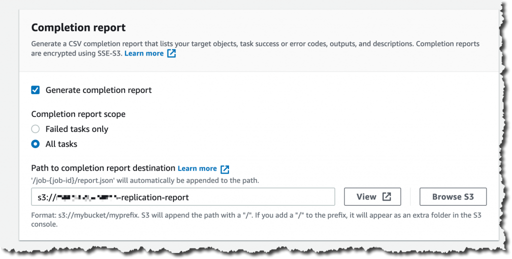 Completion report configuration