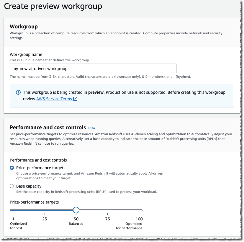 Redshift serverless - AI driven workgoups