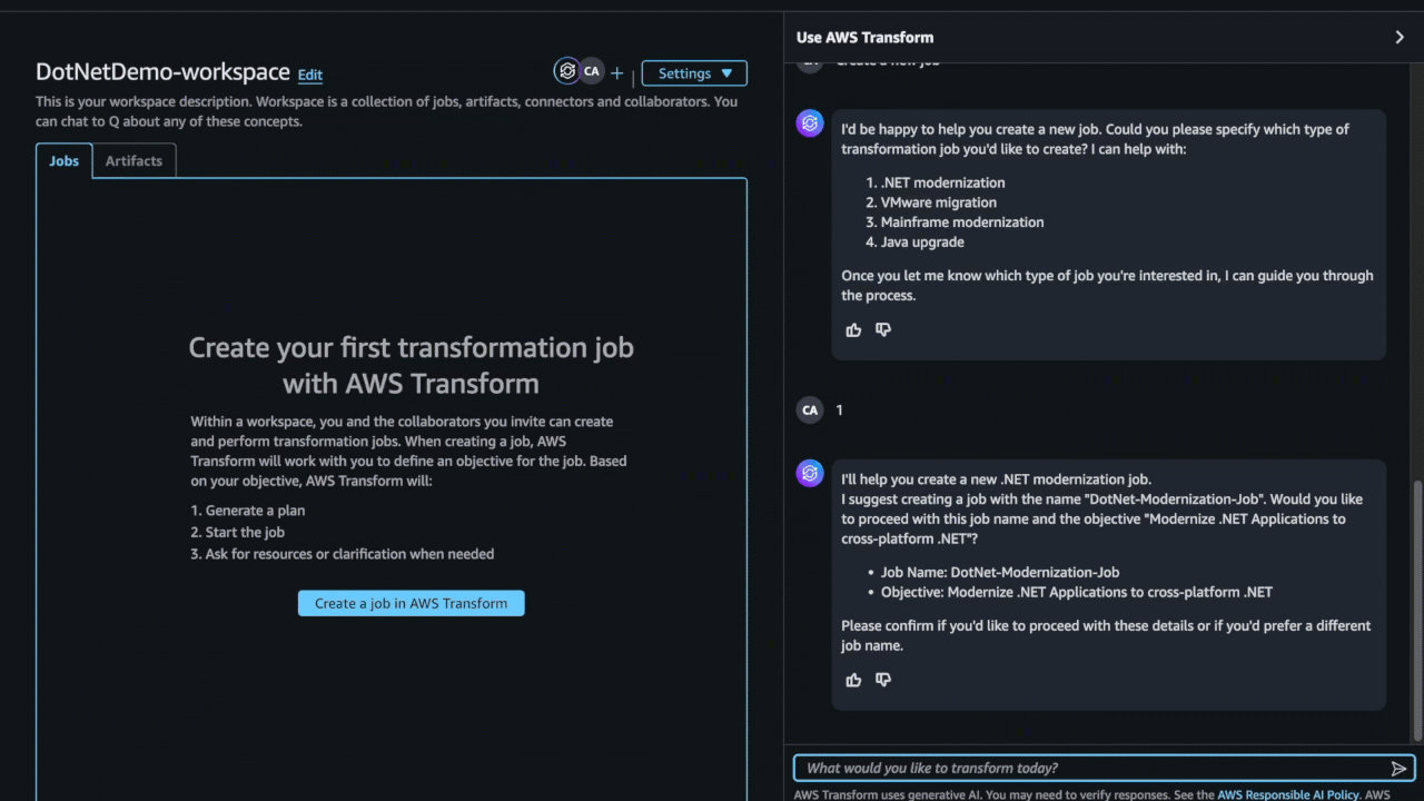 Create a new job for .NET Transformation