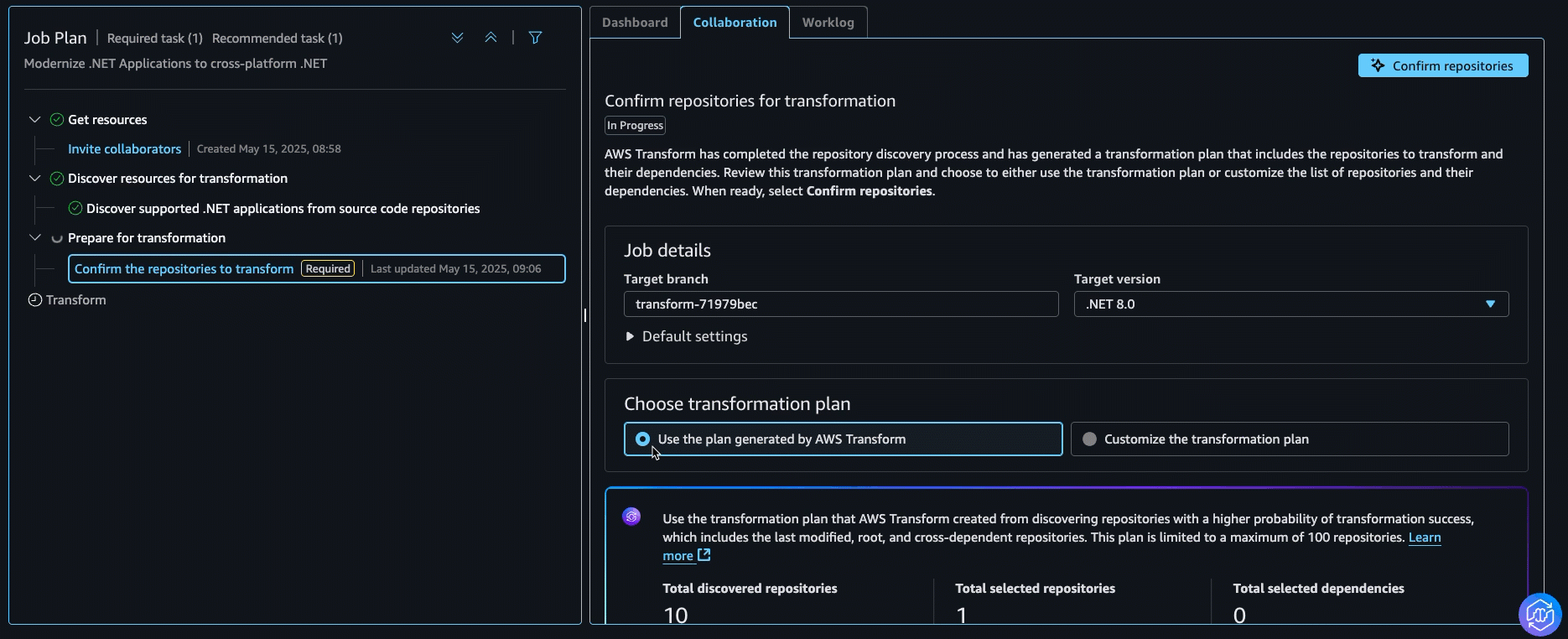 select the repositories to transform 