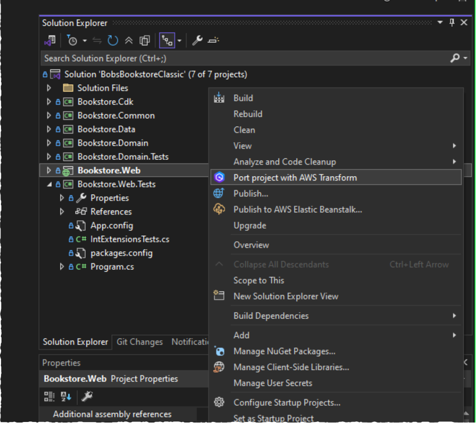 Context menu for Port project with AWS Transform in Visual Studio